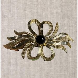 Vintage Kirk's Folly Gold Tone Bow Barette black cobochon har clip signed
